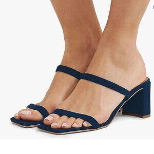 YDN Navy Chic Open Square Toe Mules Block Heel Double Straps Sandals Shoes